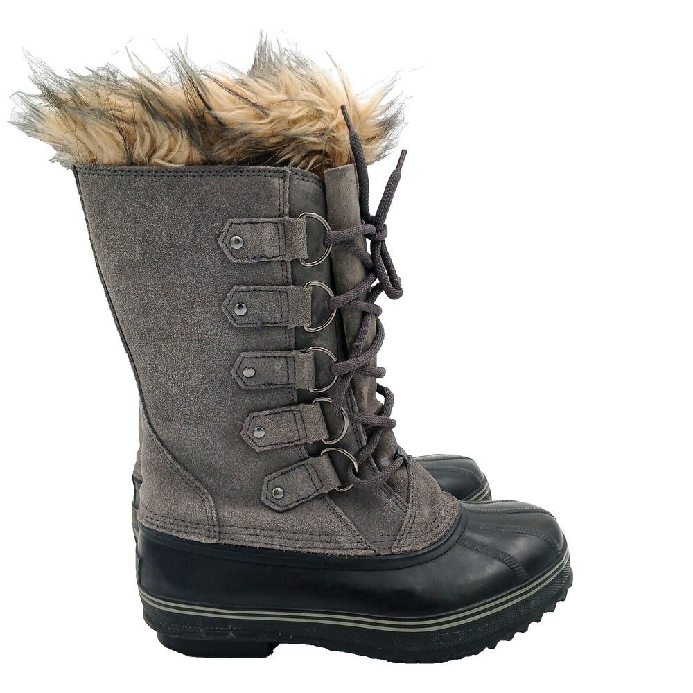 Eddie Bauer Hunt Pac Deluxe Winter Boots Women's 7 Gray Suede Fur Trim Insulated